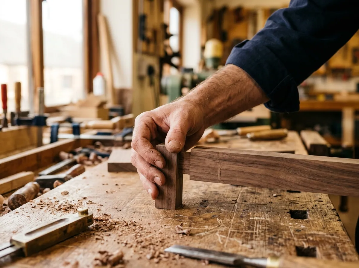 A hand checking the fit of two pieces of walnut joinery on a workshop workbench, no face visible, sleeve rolled to the elbow.