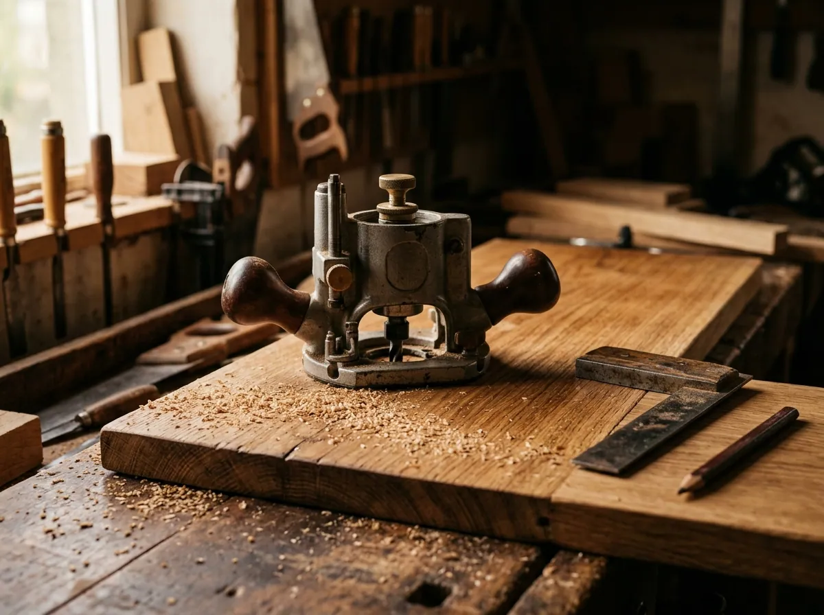 A hand router resting on a polished oak board on a West Yorkshire workshop workbench, sawdust caught in warm raking light.