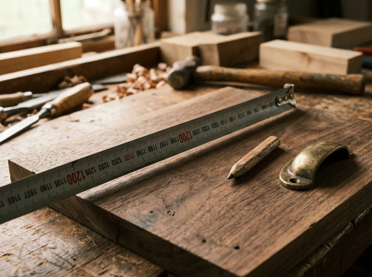 A metal tape measure extended across a deep walnut veneered side panel on a workbench, brass pull resting alongside.