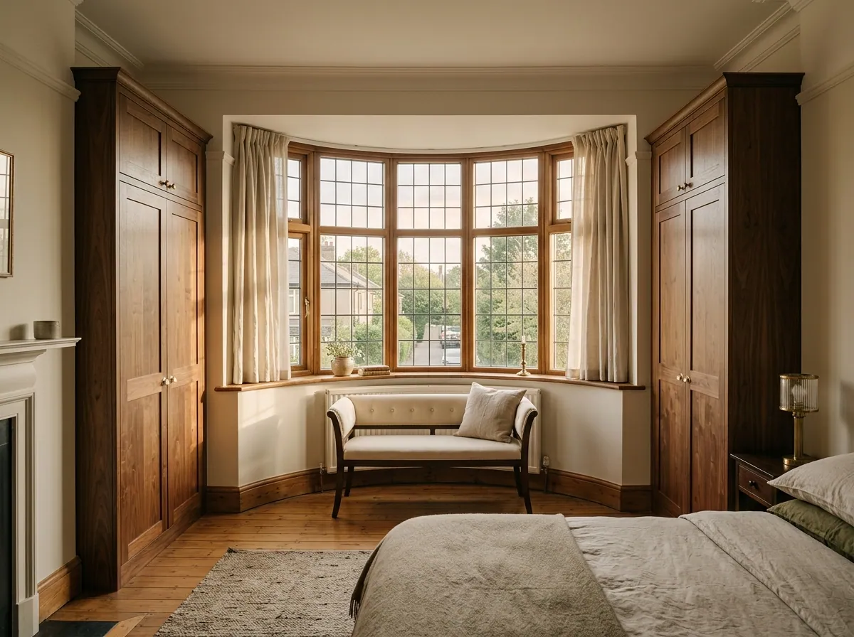 Hinged walnut wardrobe with brushed brass cup handles flanking a bay window in a Clayton 1930s semi, warm afternoon raking light from the bay.