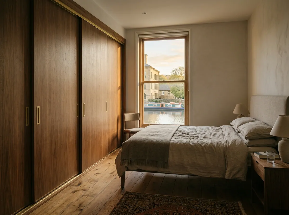 Walnut wardrobe fitted in a Bingley canal-side townhouse principal bedroom, brushed brass recessed pulls, warm afternoon light from a tall window with a glimpse of the canal beyond.