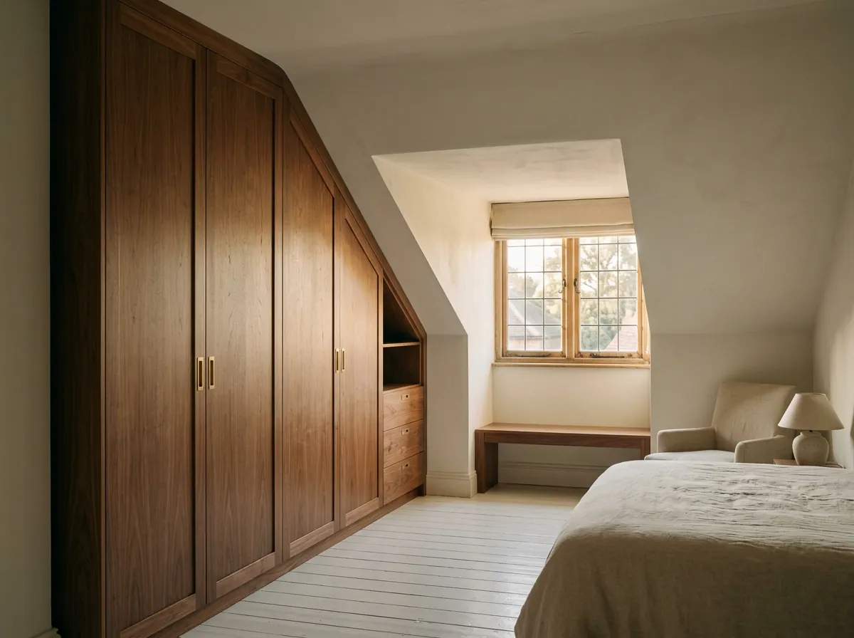 Fitted walnut wardrobe built to follow a sloped loft ceiling in a Queensbury stone-built detached, tapered doors, brushed brass recessed pulls, dormer window admitting warm raking light.