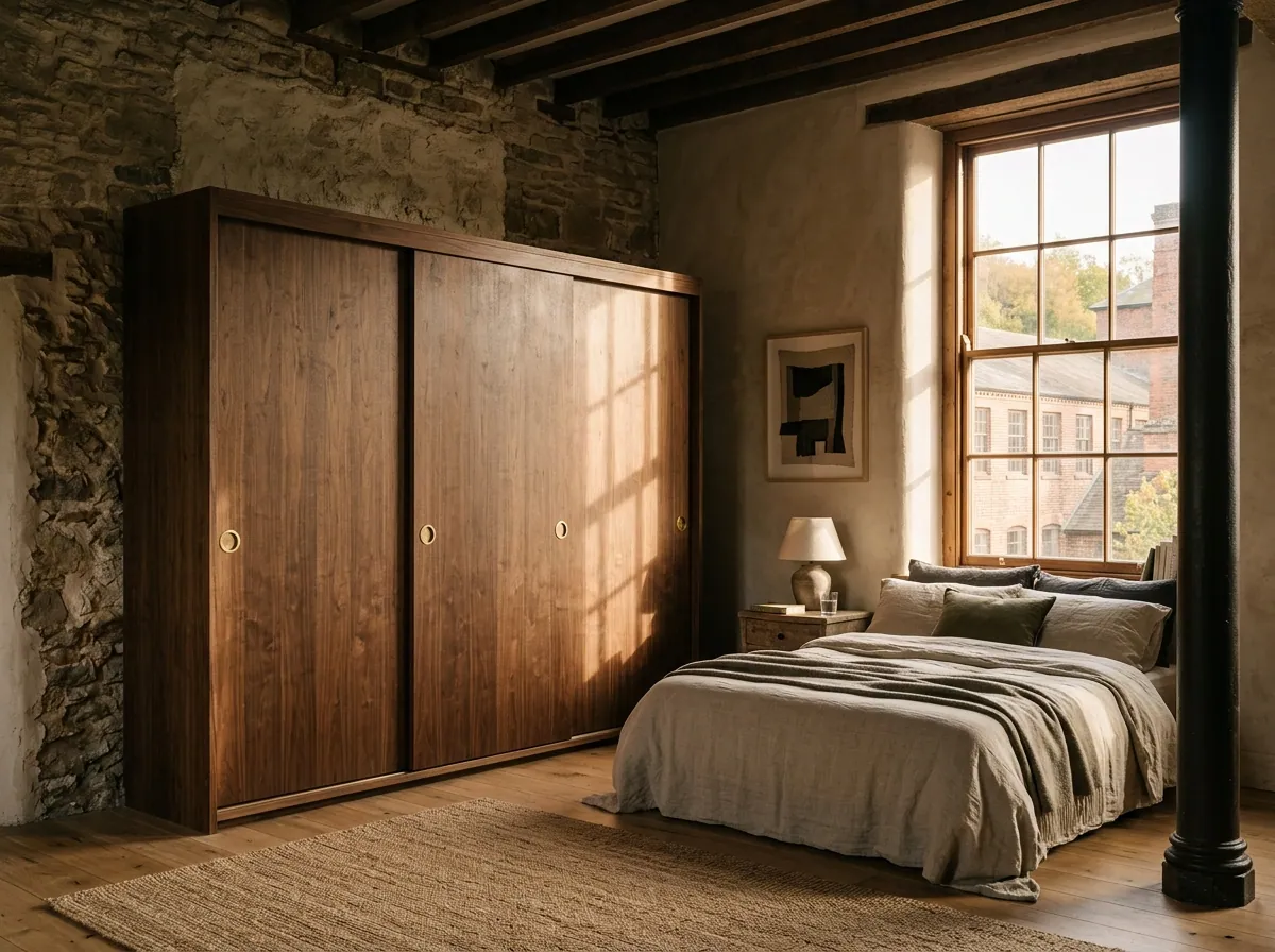 Floor-to-ceiling sliding walnut wardrobe with brushed brass recessed pulls fitted in a Halifax mill-conversion bedroom, tall warehouse-style sash window admitting warm raking afternoon light, exposed stone wall.