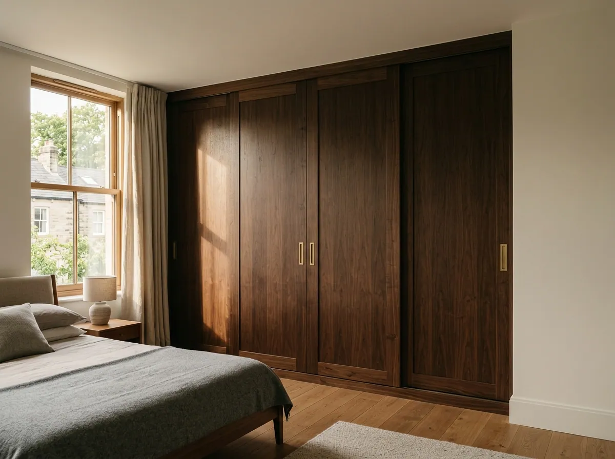 Wall-to-wall sliding wardrobe in deep walnut with brushed brass recessed pulls fitted in a Guiseley modern principal bedroom, oak floor, warm afternoon raking light from a tall window.