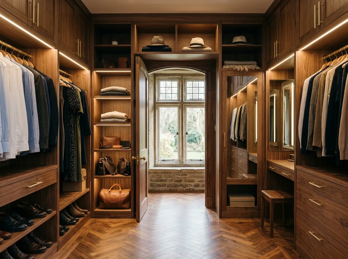 Walk-in fitted wardrobe in an Otley stone-built Wharfedale family home, three walls of deep walnut cabinetry with brushed brass pulls and integrated LED, polished walnut herringbone floor, warm soft daylight.