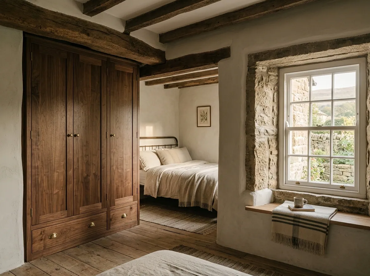 Hinged fitted walnut wardrobe scribed around an original ceiling beam in a stone-built Haworth Brontë-village cottage, brushed brass cup handles.