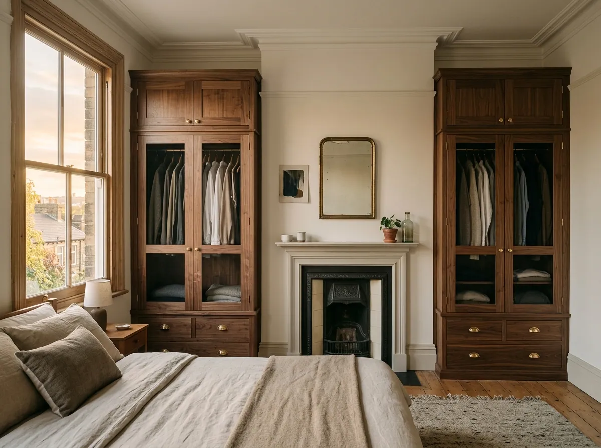Pair of fitted walnut alcove wardrobes in a Cleckheaton Victorian terrace bedroom, brushed brass cup handles, original picture rail.