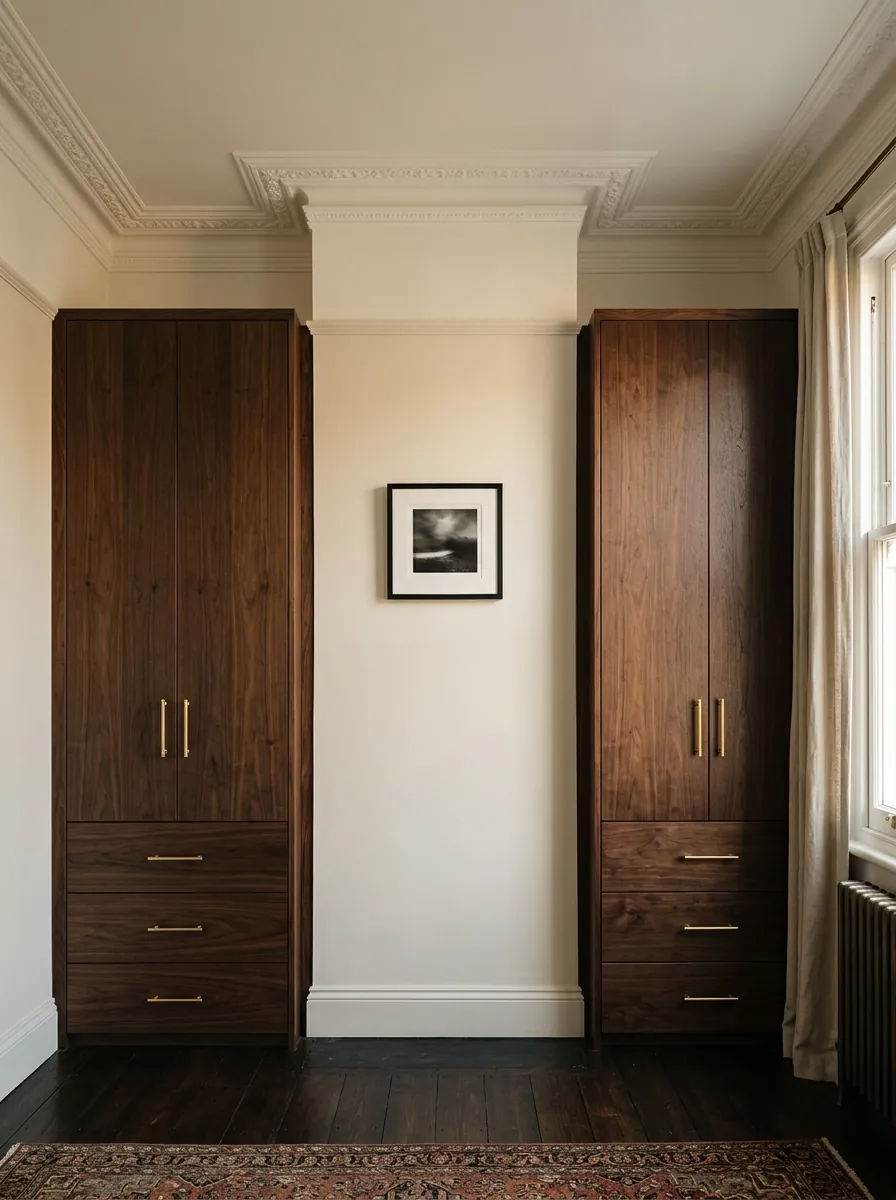 Walnut alcove wardrobes fitted either side of a chimney breast in a Heaton Victorian bedroom, brushed brass pull handles, original picture rail and sash window visible.