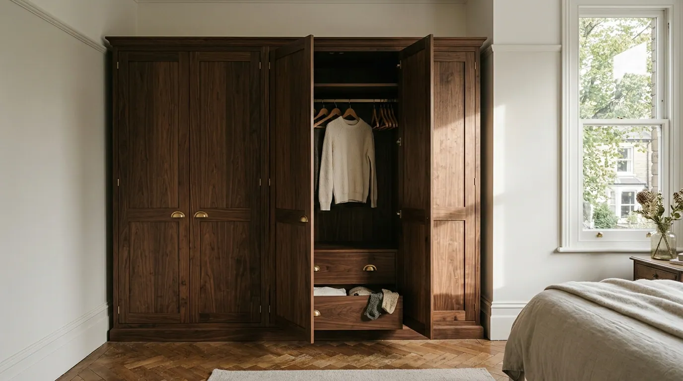 Deep walnut hinged wardrobe with brushed brass pull handle, fitted in a Bradford bedroom, warm raking light from a sash window catching the picture rail above.