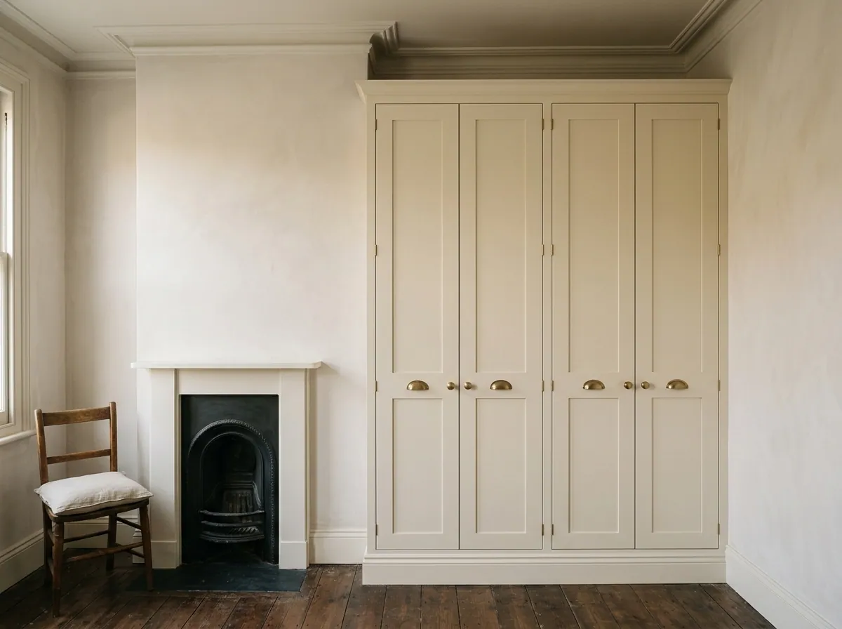 Painted shaker fitted alcove wardrobes with brushed brass knobs in a Bradford bedroom, a good-value fitted wardrobe option.