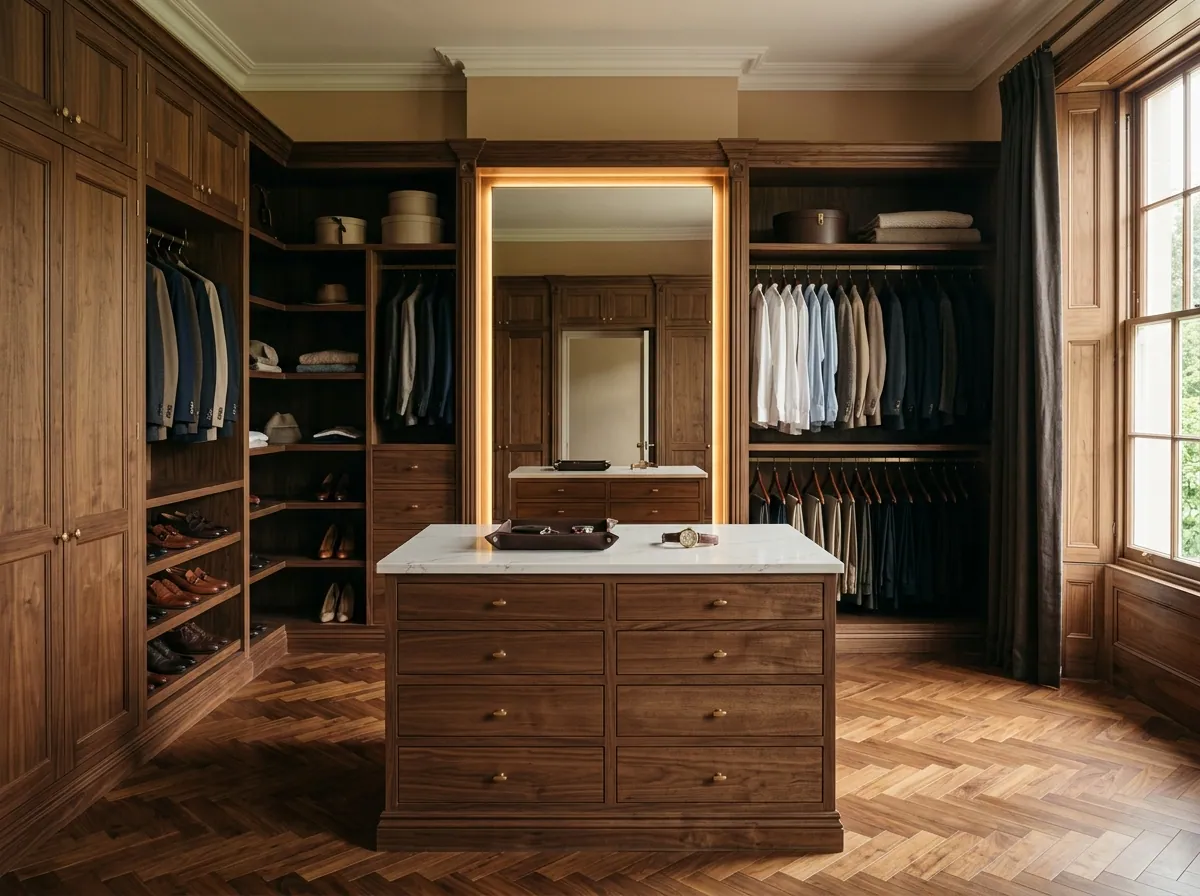 Made-to-measure fitted bedroom furniture in walnut with a dressing table, drawer banks and integrated lighting in a Bradford bedroom.