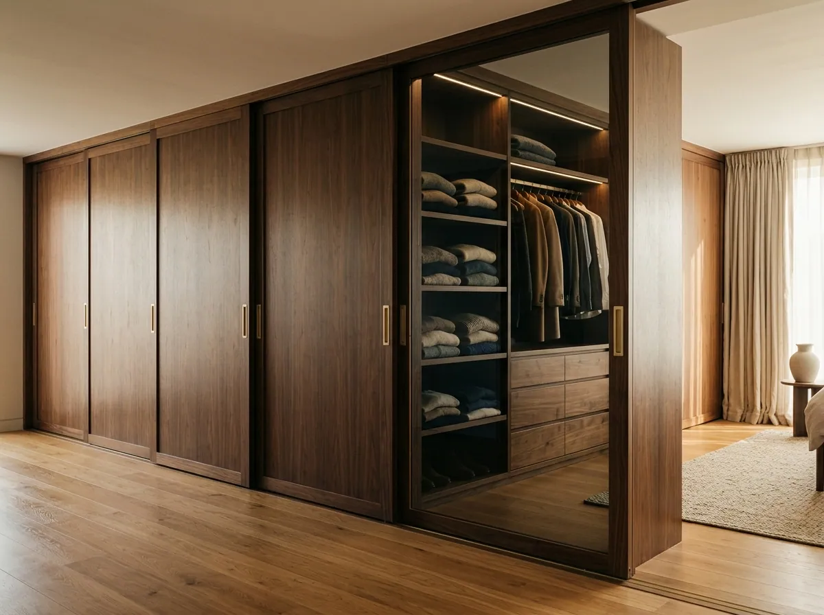 Wall-to-wall fitted wardrobe run in deep walnut with brushed brass pulls and integrated lighting in a West Yorkshire bedroom.
