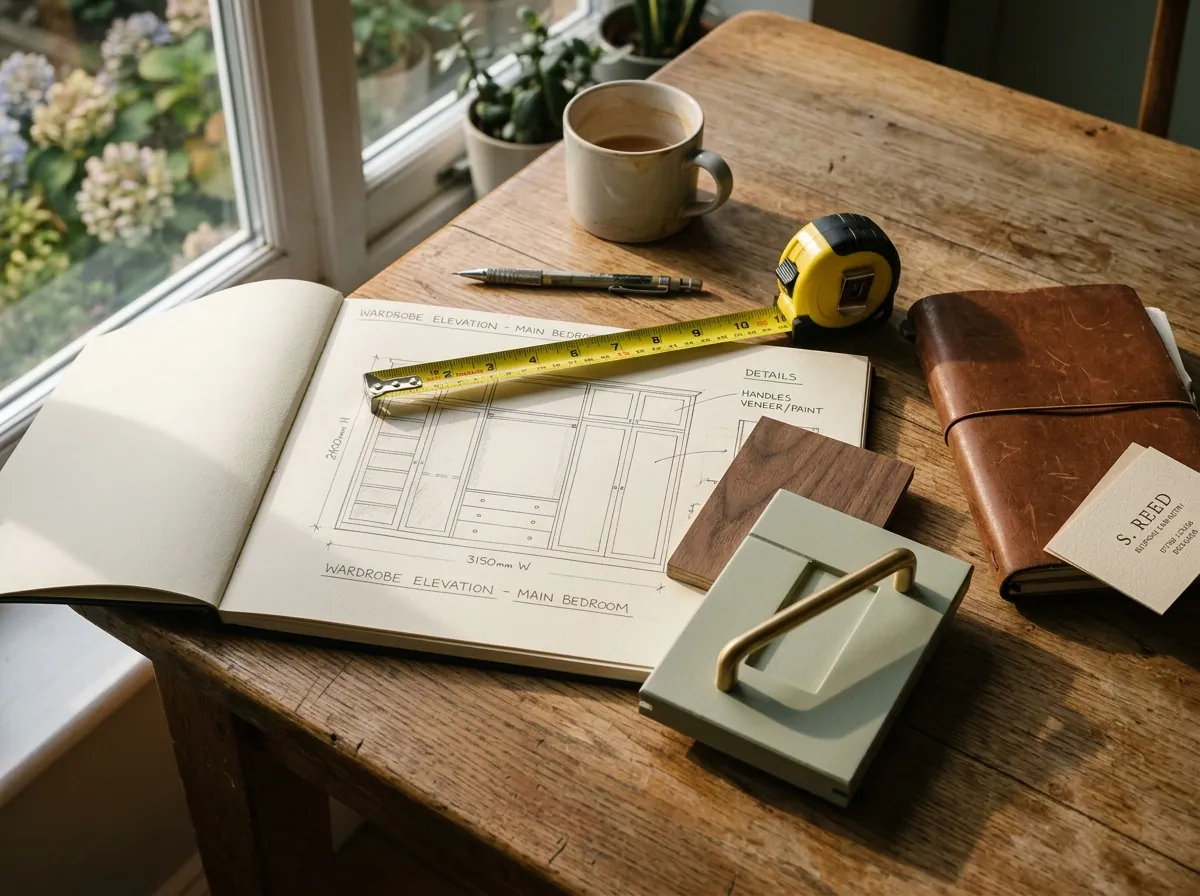 Working materials of a wardrobe design visit on a kitchen table — sketchbook with hand-drawn elevation, tape measure, walnut and brass material samples, warm afternoon light.
