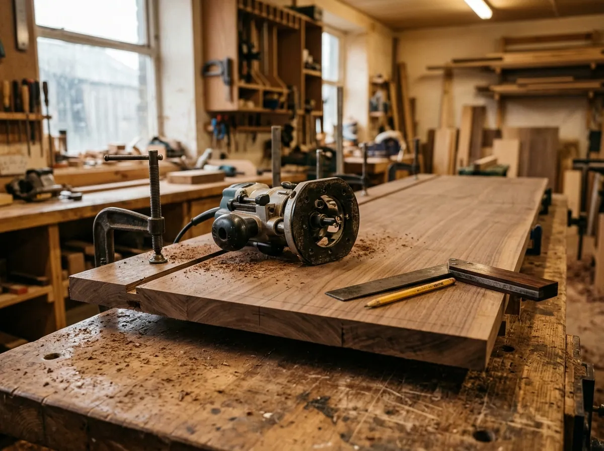 Wardrobe cabinet carcass being built in a West Yorkshire workshop — walnut veneered side panel clamped to a workbench, hand router resting on the timber, square and pencil at the edge.