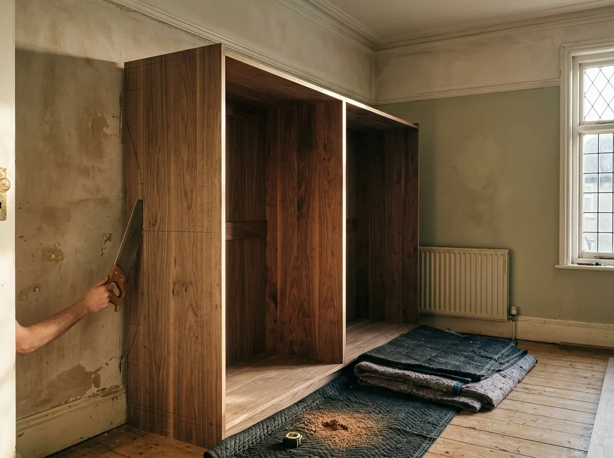 Fitted walnut wardrobe being scribed to a Bradford bedroom wall, end panel marked with a pencil scribe line, soft handsaw resting on protective blankets folded on the floor.