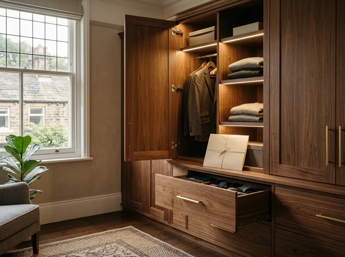 Finished fitted walnut wardrobe in a Bradford bedroom with one door open and a brass drawer half-open, soft-close hinge engaged, integrated LED gently illuminating the interior.