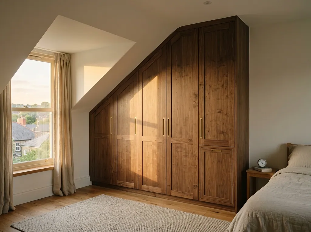 Sloped-ceiling loft wardrobe fitted in a Frizinghall home — editorial photograph.