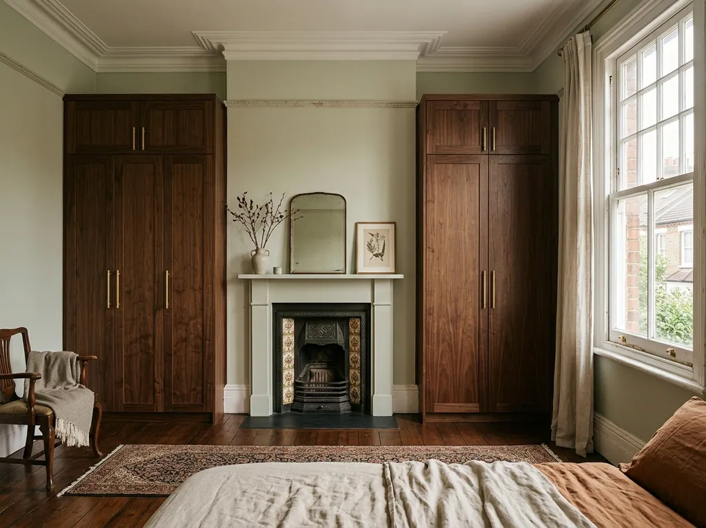 Walnut alcove wardrobes fitted in a Heaton home — editorial photograph.