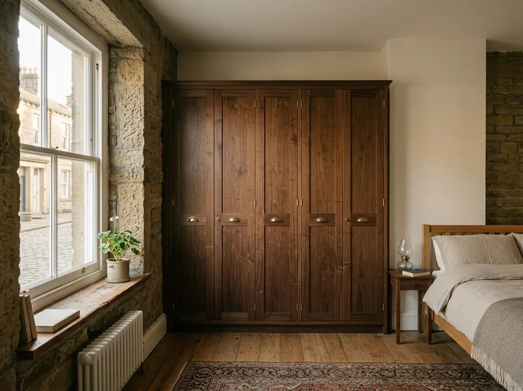 Hinged wardrobe run, period property fitted in a Saltaire home — editorial photograph.