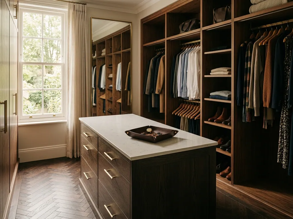 Dressing room with quartz-topped island fitted in a Ilkley home — editorial photograph.
