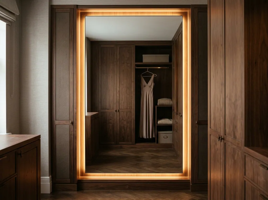 Full-height mirror with LED surround fitted in a Halifax home — editorial photograph.