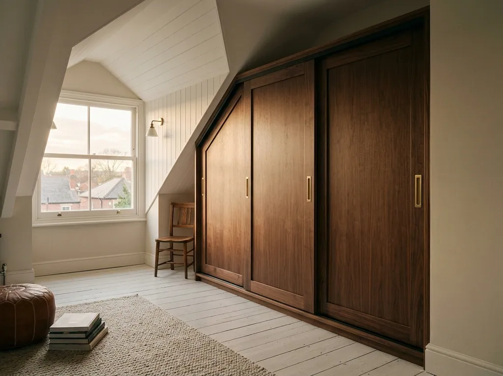 Sliding wardrobe under loft slope fitted in a Heaton home — editorial photograph.
