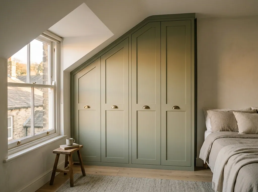 Hinged wardrobe under dormer slope fitted in a Saltaire home — editorial photograph.