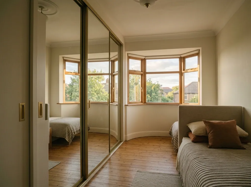 Wall-to-wall mirror sliding fitted in a Wibsey home — editorial photograph.