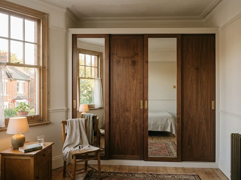 Mixed mirror and walnut run fitted in a Heaton home — editorial photograph.