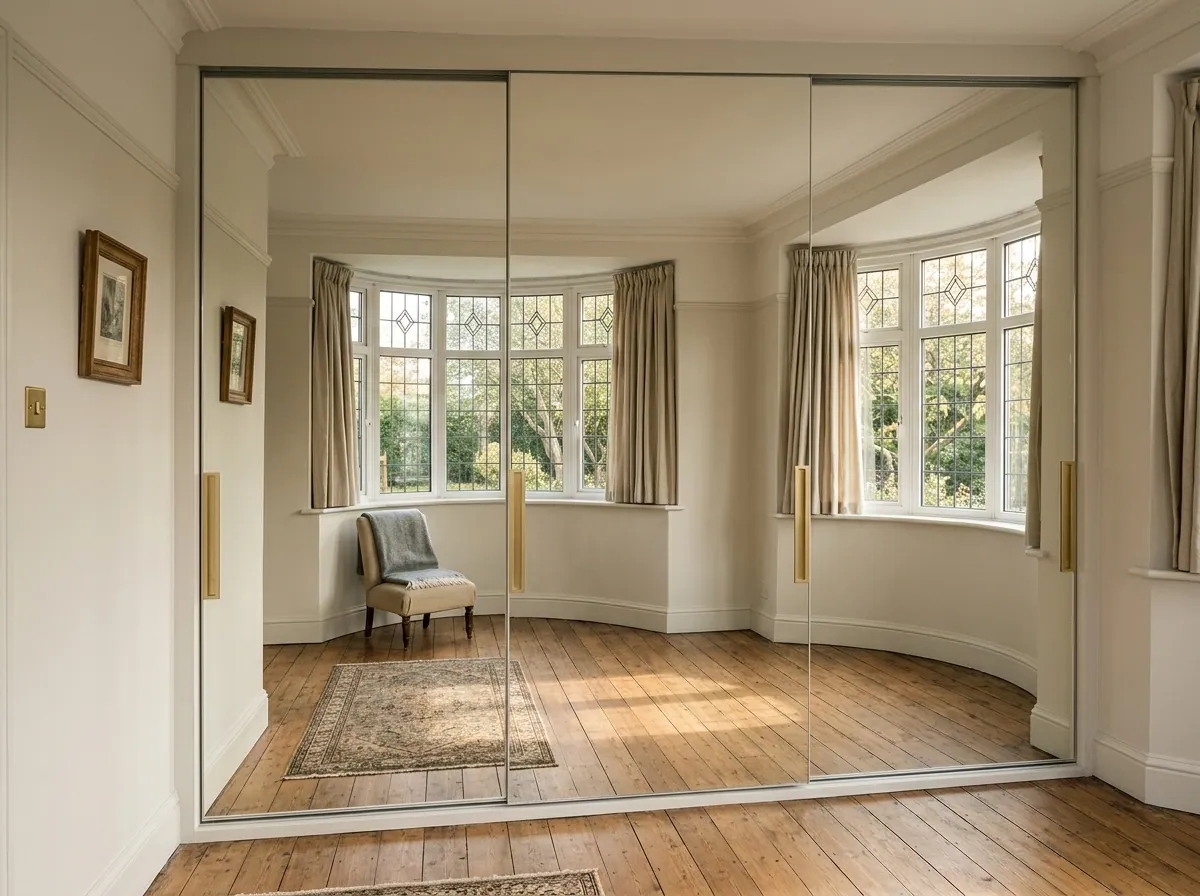 Full-height mirror-fronted sliding wardrobe in a narrow Wibsey 1930s-semi principal bedroom, brushed brass recessed pulls, warm raking light from a curved bay window.