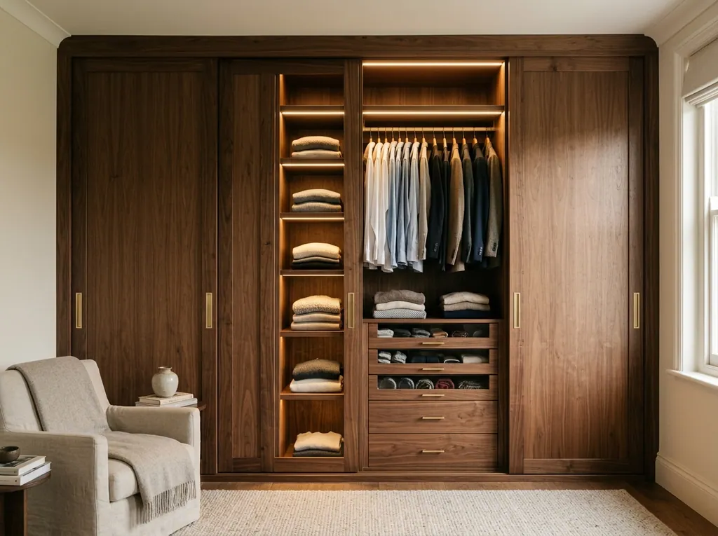 Sliding wardrobe, internal fit-out visible fitted in a Apperley Bridge home — editorial photograph.
