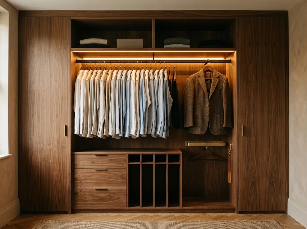 Walnut walk-in, hanging rails on display fitted in a Burley-in-Wharfedale home — editorial photograph.
